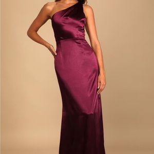 Lulus On the Guest List Burgundy Satin One Shoulder Maxi Dress